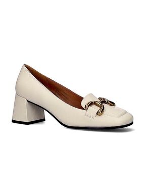 Bibilou Anthropologie Valencia Cream Block Heel Loafer with Gold Chain Accent
